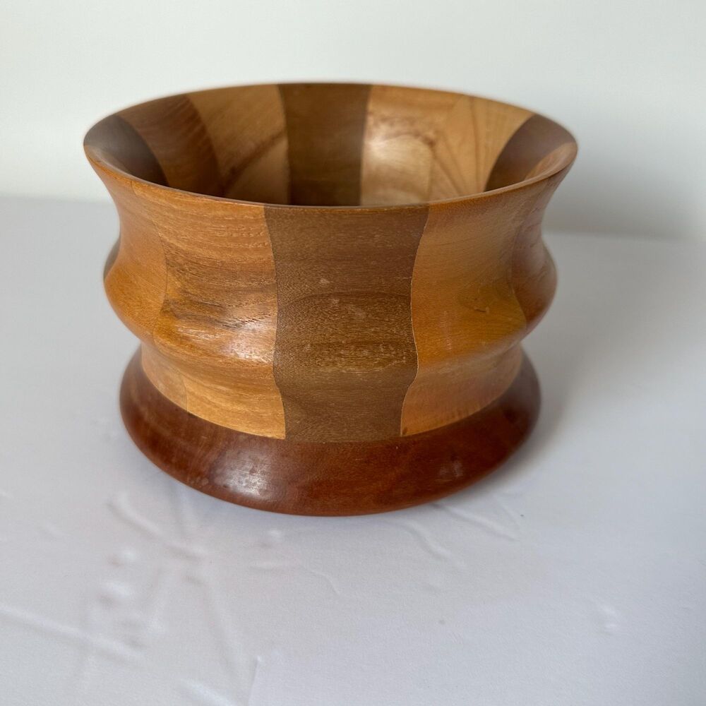 Vtg Handcrafted Segmented Wooden Bowl in Varying Shades -Hand Turned 3.5” x 5.5”